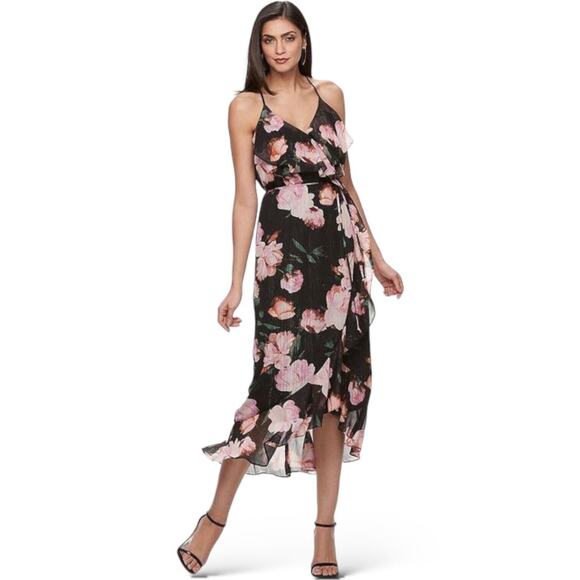 JENNIFER LOPEZ Floral FauxWrap Midi Dress Shimmer Cocktail Ruffle Tier Cascade 2 - Picture 1 of 13